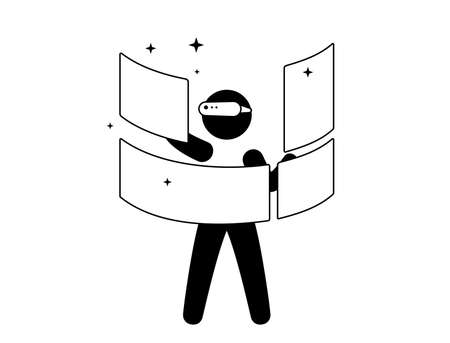 Man wearing VR Virtual Reality glasses, hands up, touching the screen, doing data analysis, Future technology concept.のイラスト素材