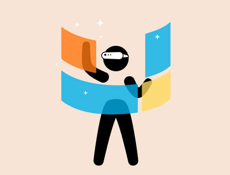 Man wearing VR Virtual Reality glasses, hands up, touching the screen, doing data analysis, Future technology concept.のイラスト素材