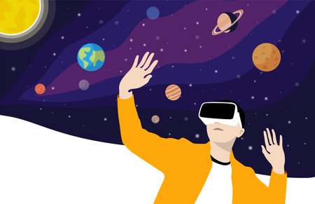 VR and Metaverse Concepts, man wearing VR glasses and touching the screen. Solar System with Planetsのイラスト素材