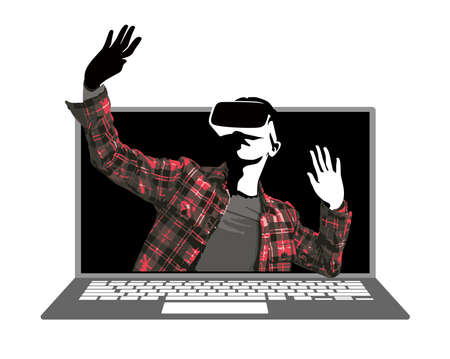 Man wearing VR glasses, hands up, come out from the laptopのイラスト素材