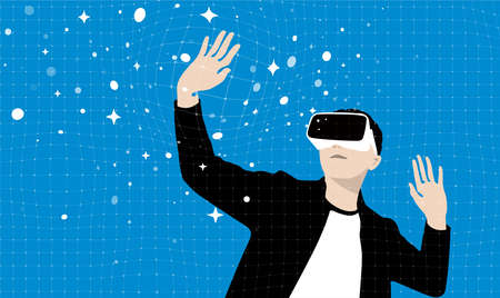 Man wearing VR Virtual Reality glasses, hands up, touching the screen, doing data analysis, Future technology concept.のイラスト素材