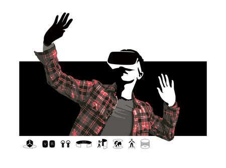 Man wearing VR glasses, hands up, come out from the screenのイラスト素材
