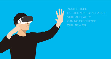 Man wearing VR Virtual Reality glasses, hands up, touching the screen, doing data analysis, Future technology concept.のイラスト素材