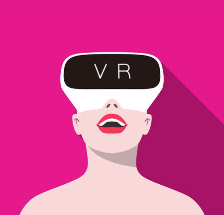 Beauty girl wearing Virtual reality glasses. front view, playing games, looking up, vector illustrationのイラスト素材