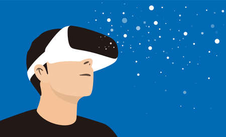 man wearing Virtual reality glasses. look at the virtual sky, vector illustrationのイラスト素材