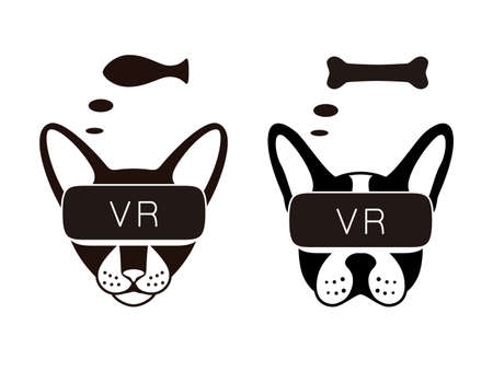 Cat and dog wearing Virtual reality glasses. front view vector illustratorのイラスト素材