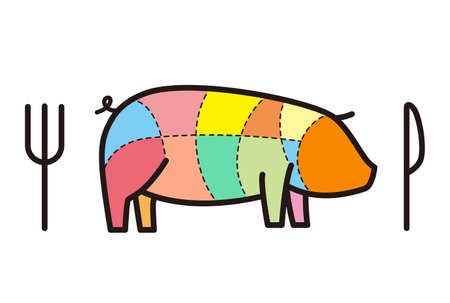 Pig meat cuts. butcher cuts diagram. Scheme of porkのイラスト素材
