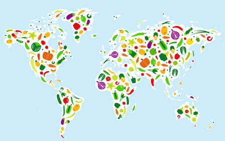 Vegetables and fruit icons in the map of the world, vector illustrationのイラスト素材