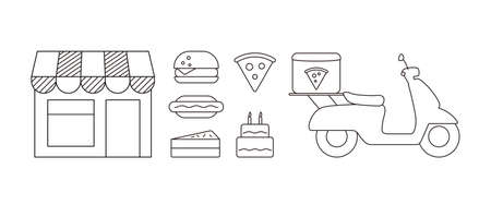 Buy pizza, cake, Hamburger, hot dog online, icon designのイラスト素材