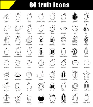 64 Fruit line icons vector illustrationのイラスト素材