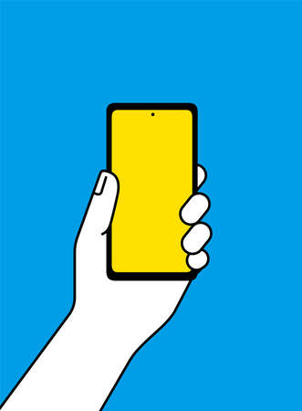 Hand holding mobile smart phone, blank screen on blue backgroundのイラスト素材