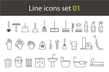Household cleaning supplies line icons, vector illustrationのイラスト素材