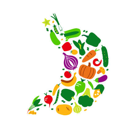 Vegetables and fruit icon set in stomach shape, vector illustrationのイラスト素材