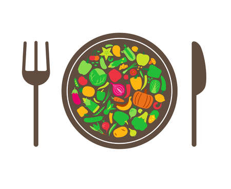 Vegetable and fruit in the plate, vector illustration. Modern flat illustrations. Healthy food designのイラスト素材