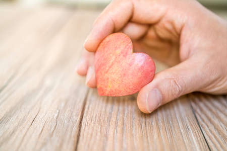 hand holding apple pie with heart shape, concept of loveの写真素材