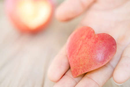 hand holding apple pie with heart shape, concept of loveの写真素材