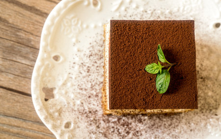 Fresh Tiramisu Cake on the table, white backgroundの写真素材