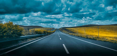 Car driving on the asphalt road, There are golden crops on both sides of the roadの写真素材