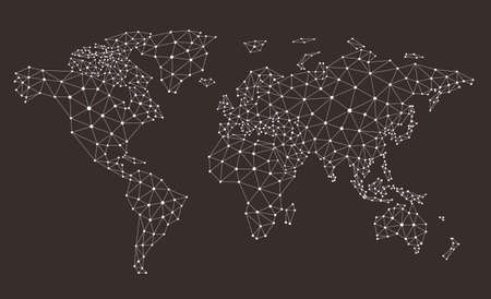 Abstract telecommunication world map with circles, lines and grids, Map of world wide internet network mesh. Social communications background. Vector illustration,のイラスト素材