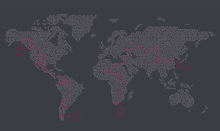 Maze map of the world . Earth map. Vector illustrationのイラスト素材