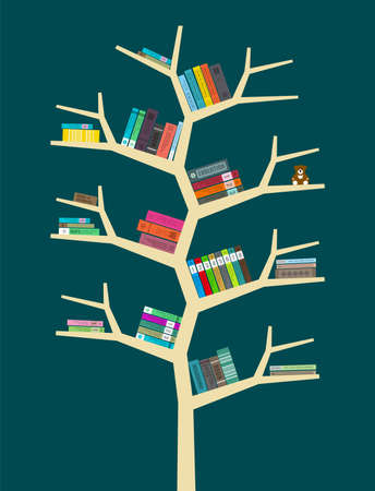 Many books on the tree bookshelf vector illustration