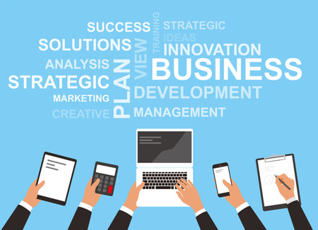 Business teamwork concept, hands holding computer, calculator, smartphone, padのイラスト素材