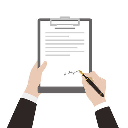 Businessman holding contract paper, signing, vector illustrationのイラスト素材