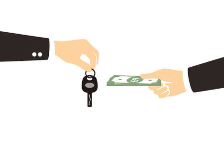 Exchanging concept, hands with car key and dollars.のイラスト素材
