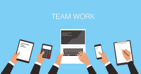 Business teamwork concept, hands holding computer, calculator, smartphone, padのイラスト素材