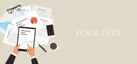 Businessman holding pad analyzing data, diagram, vector illustrationのイラスト素材