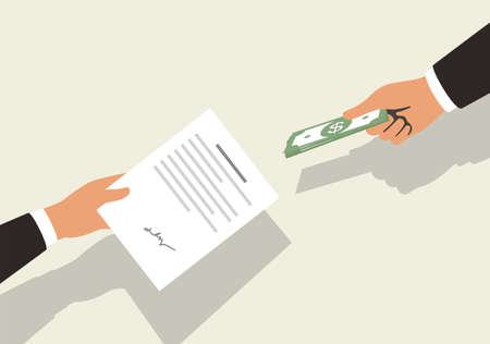 One hand holding money, one hand holding contract paper, flat design, vector illustrationのイラスト素材