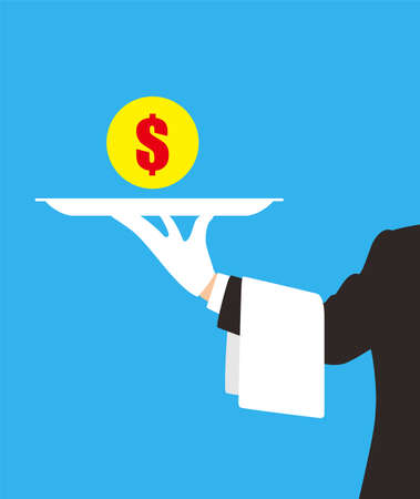 man holding a plate, coin on the plate, vector illustrationのイラスト素材