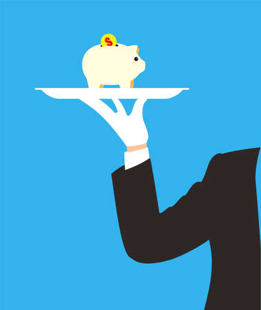 man holding a plate, piggy and coin on the plate, vector illustrationのイラスト素材