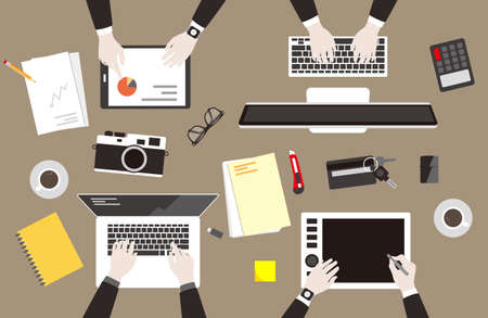 Teamwork concept, business man met at the meeting, vector illustrationのイラスト素材