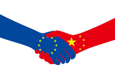 Shaking hands, EU CHINA business deal, trade agreementのイラスト素材