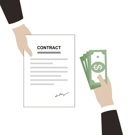 One hand holding money, one hand holding contract paper, flat design, vector illustrationのイラスト素材