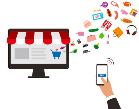 Concept of purchasing product at internet, mobile shopping. Buy Online, vector illustrationのイラスト素材