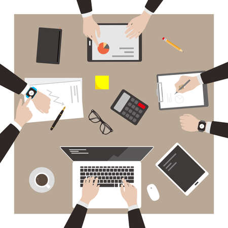 Teamwork concept, business man met at the meeting, vector illustrationのイラスト素材