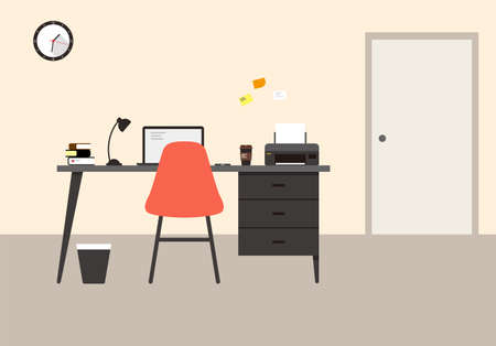 desk with computer and other things flat design, vector illustrationのイラスト素材