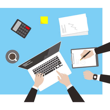 Teamwork concept, business man met at the meeting, vector illustrationのイラスト素材