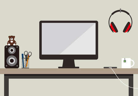 Working place desk and speaker, Computer, laptop, cupのイラスト素材