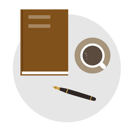 Book, pen and coffee on the desk, top view, vector illustrationのイラスト素材
