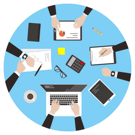 Teamwork concept, business man met at the meeting, vector illustrationのイラスト素材