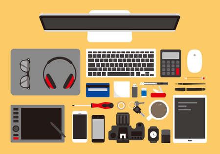 desk with computer and other things, vector illustrationのイラスト素材
