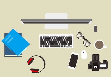 desk with computer and other things, vector illustrationのイラスト素材