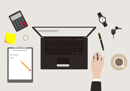 desk with computer and other things, vector illustrationのイラスト素材