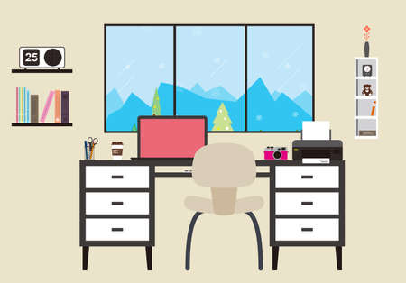 Desk with computer and other things, vector illustrationのイラスト素材