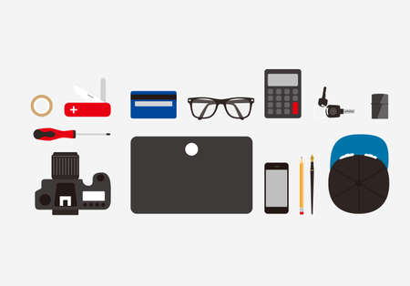 desk with computer and other things, vector illustrationのイラスト素材