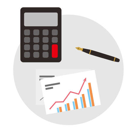 Calculator and paper on the desk, top view, vector illustrationのイラスト素材