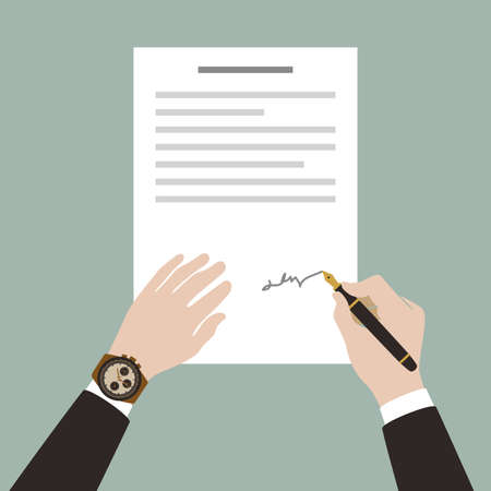 Man signs contract document using pen , vector illustrationのイラスト素材